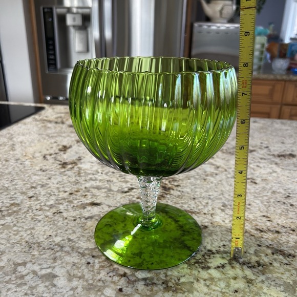 Vintage Empoli Green Ribbed Glass Pedestal Compote Bowl Scalloped Rim - Picture 6 of 7